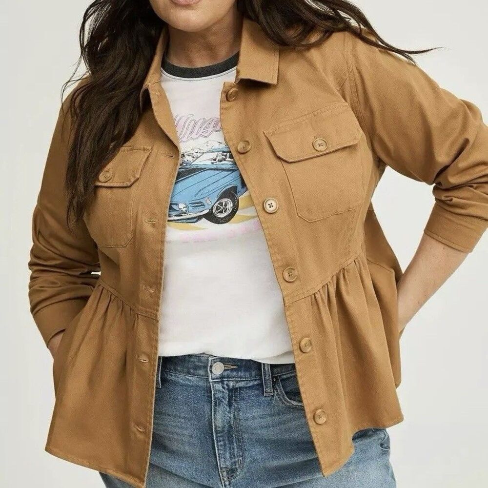 Torrid Peplum Utility Jacket 1X Brown NWT Button Front Boho Preppy Chic NWT